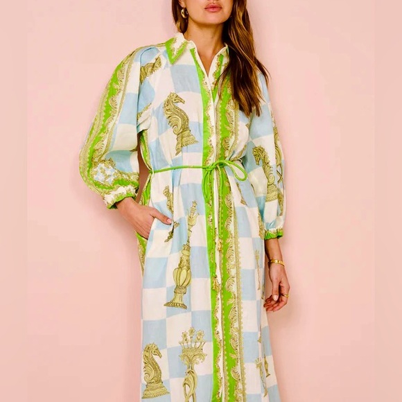 Checkmate Linen Blend Blue & Green Women's Shirtdress Maxi Dress like Alemais - Picture 1 of 16